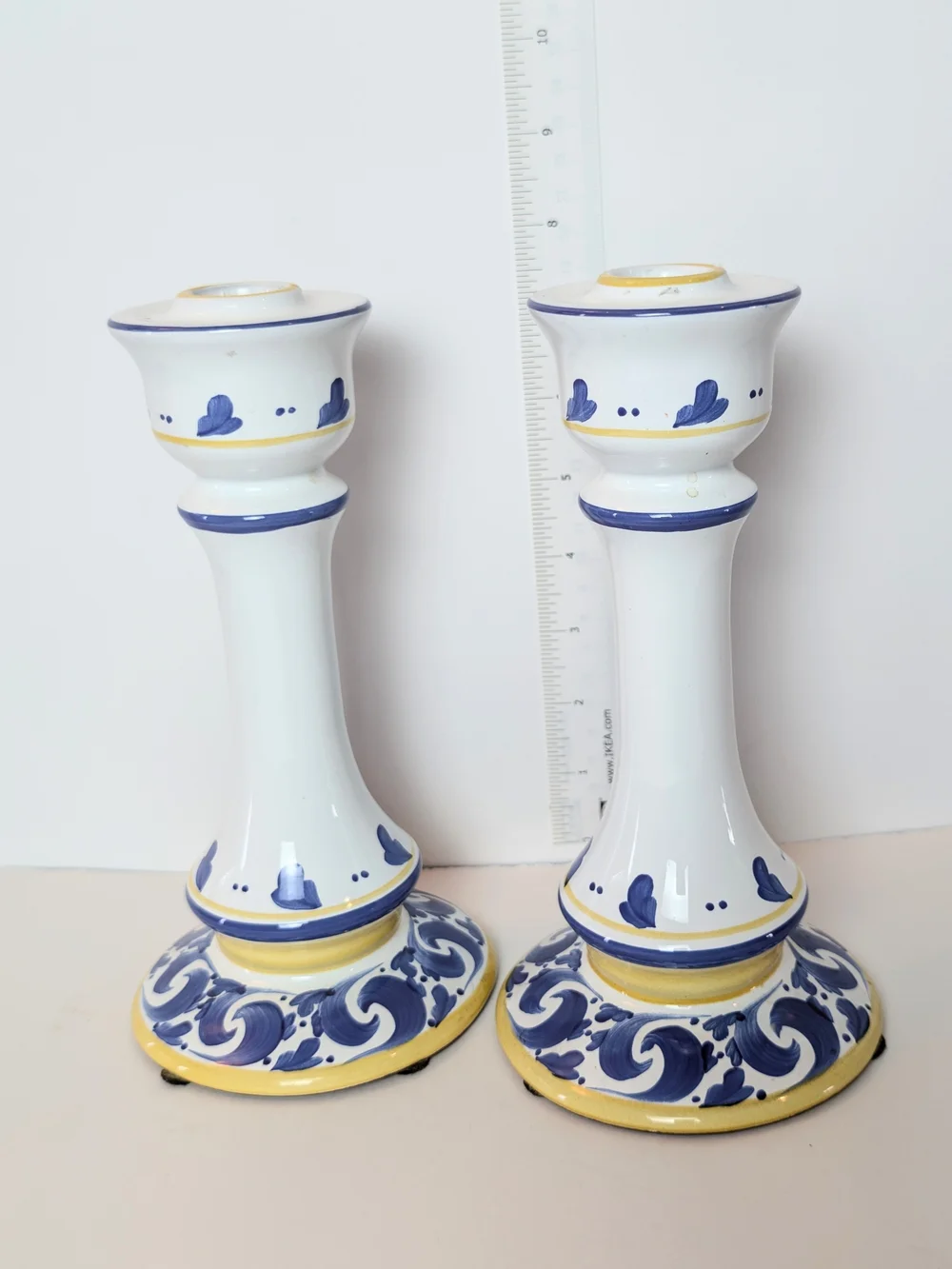 Herend‎ White Ceramic Candle Holders with Blue and Yellow Accents - Pair